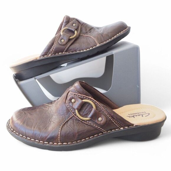 Clarks Bendables Leather Slip-on Mules Brown 60380 Women's 7M - Picture 1 of 10